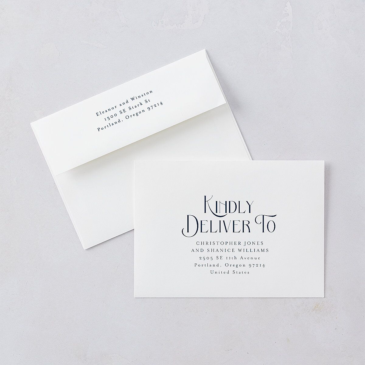 Be Our Guest Bridal Shower Invitation Envelopes White Navy Both Recipient and Return Addresses Signature Standard