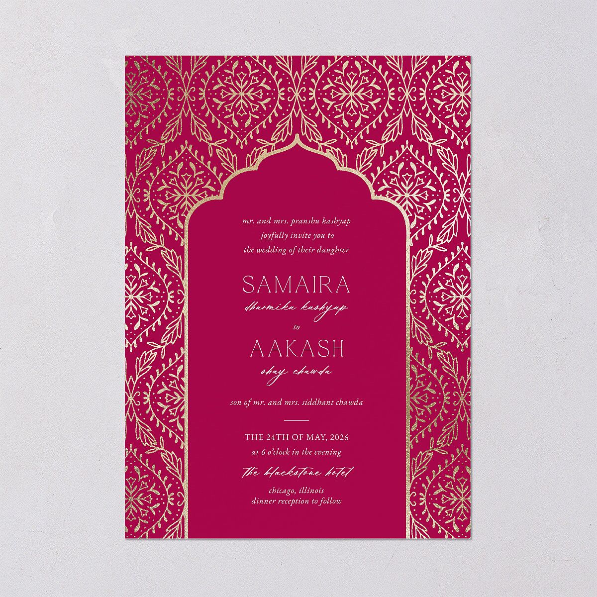 Gilded Lehenga Wedding Invitations Gold Raspberry Signature Blank No