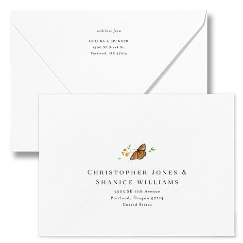 Rustic Butterfly Garden Save The Date Card Euro Envelopes White Pure White Both Recipient and Return Addresses Luxe Signature