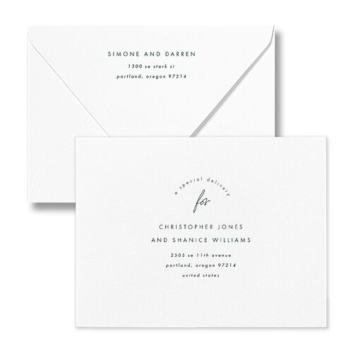 Arched Photo Save the Date Magnet Euro Envelopes White Dark Green Return Address Luxe Signature