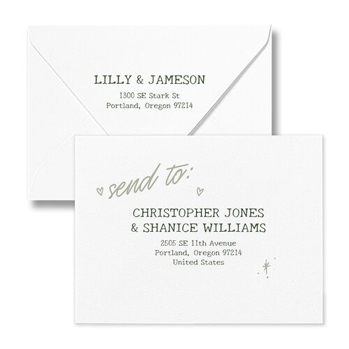 Mood Board Save the Date Petite Card Euro Envelopes Dark Camo White Both Recipient and Return Addresses Luxe Signature