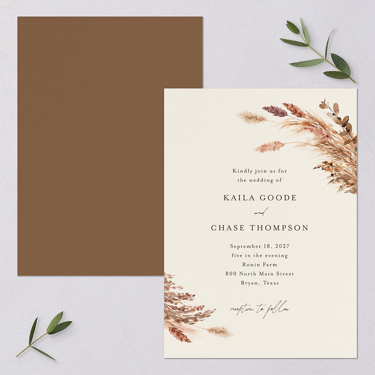 Soft Pampas Botanical Wedding Invitations Sepia Signature Blank No Standard