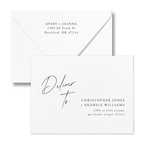 Corner Script Save the Date Petite Card Euro Envelopes White Dark Navy Both Recipient and Return Addresses Luxe