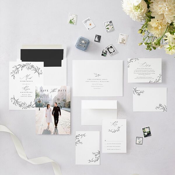 Illustrated Vines Save The Date Cards Charcoal Signature smooth Blank No Standard