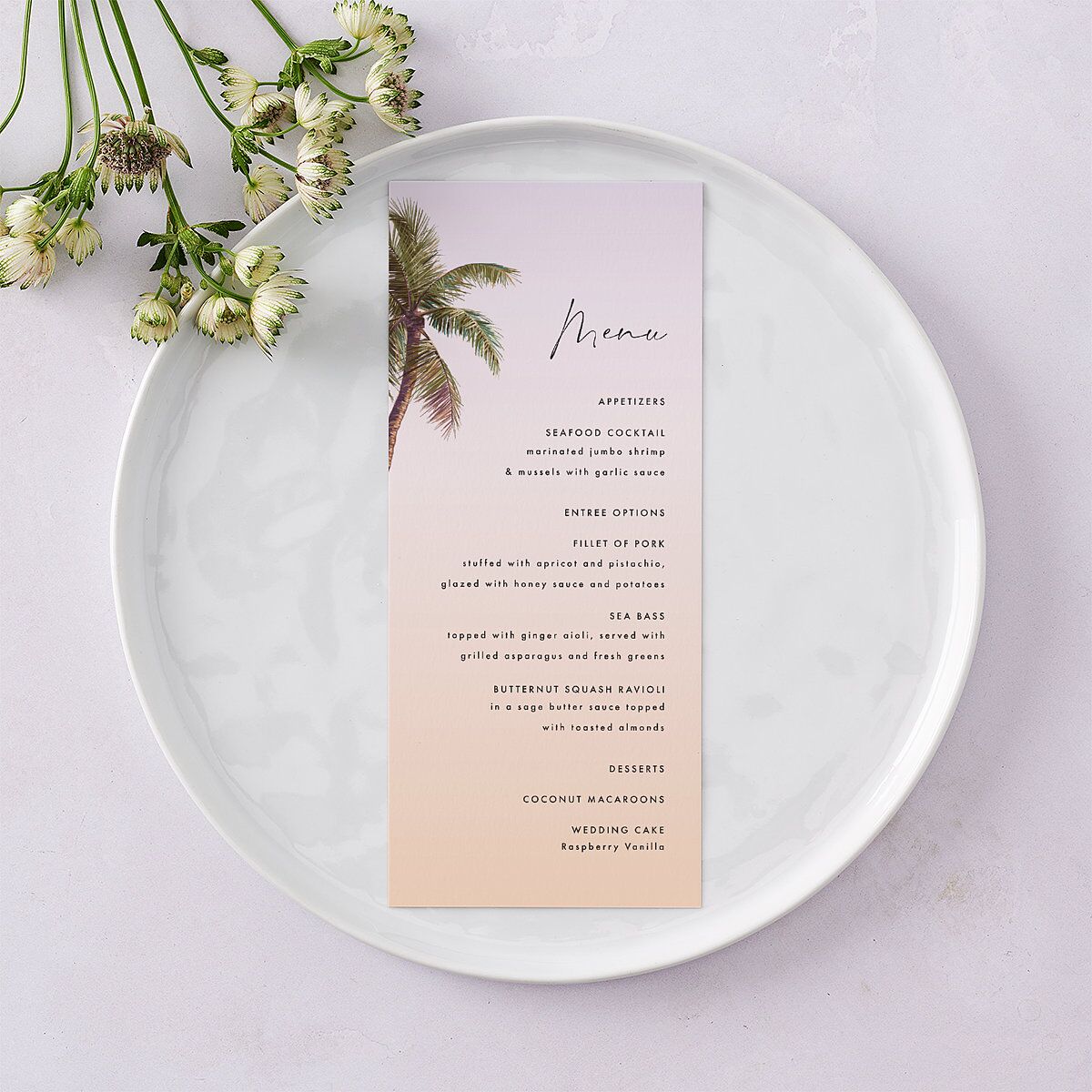 Breezy Palm Trees Menus Sheer Lilac Signature