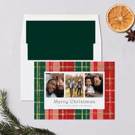 Sparkling Plaid Holiday Cards Gold Dark Green Signature Blank Standard Landscape