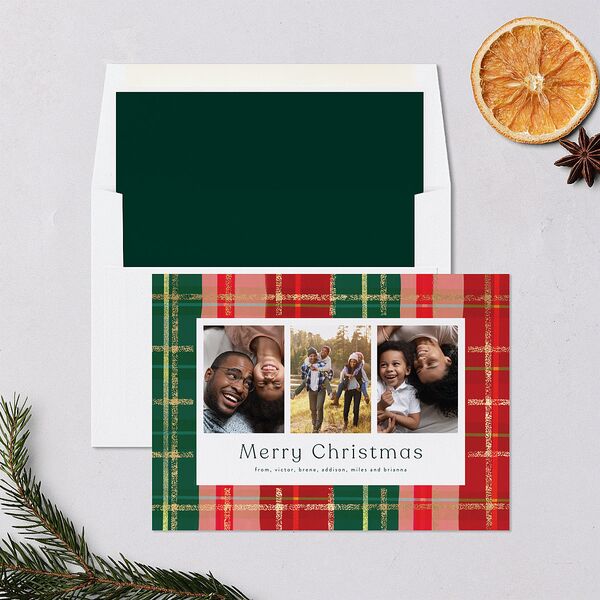 Sparkling Plaid Holiday Cards Gold Dark Green Signature Blank Standard Landscape