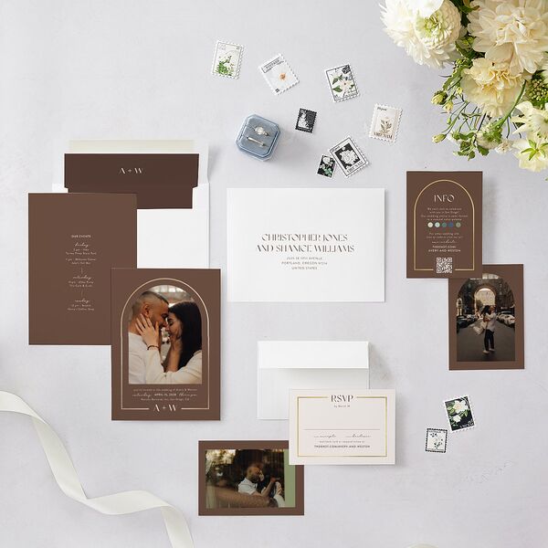 Monogram Arch Foil Wedding Invitations Gold Walnut Signature Blank Arch No