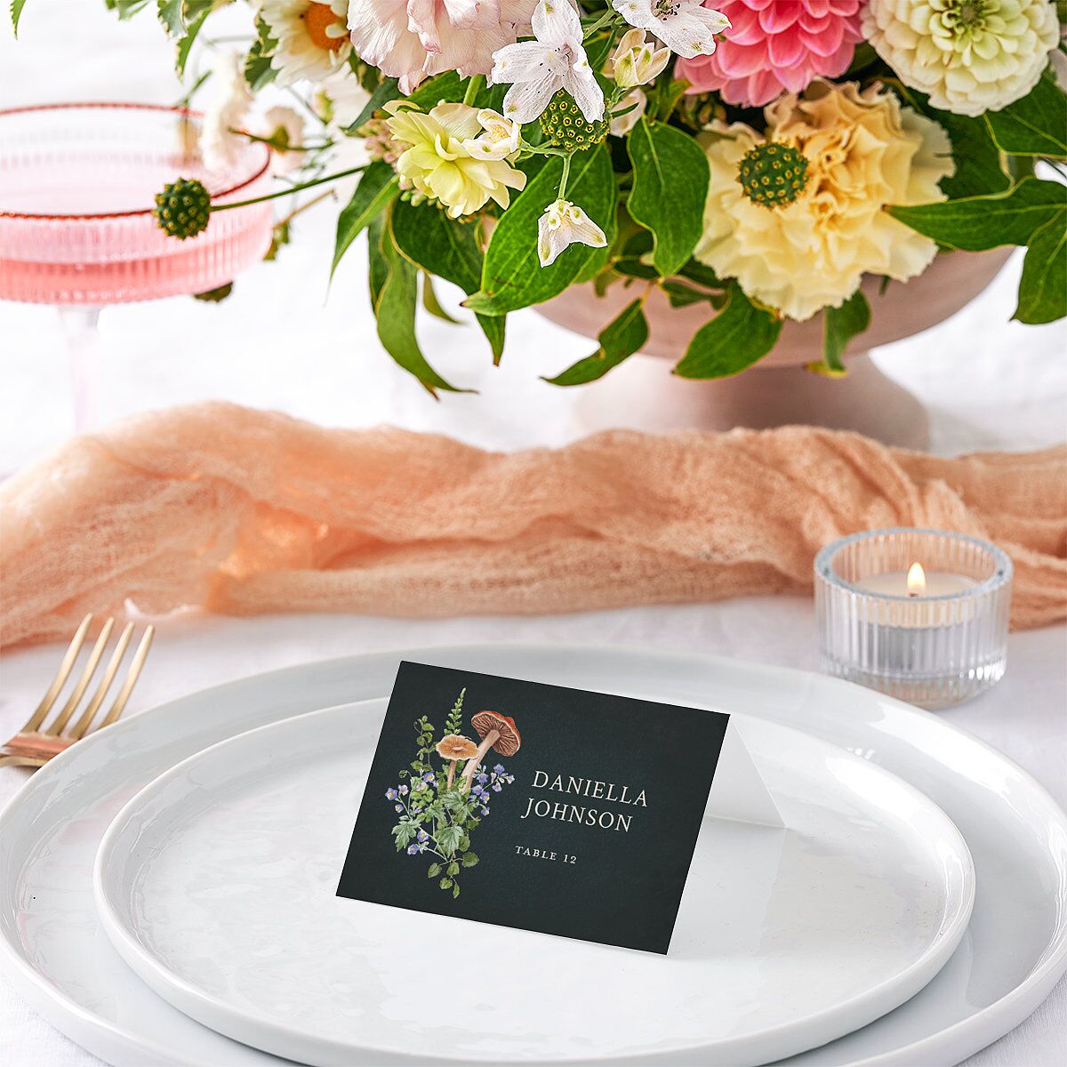 Mushroom Garden Fairytale Place Cards Dark Green Signature