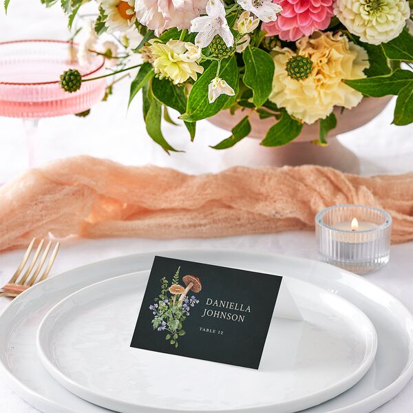 Mushroom Garden Fairytale Place Cards Dark Green Signature