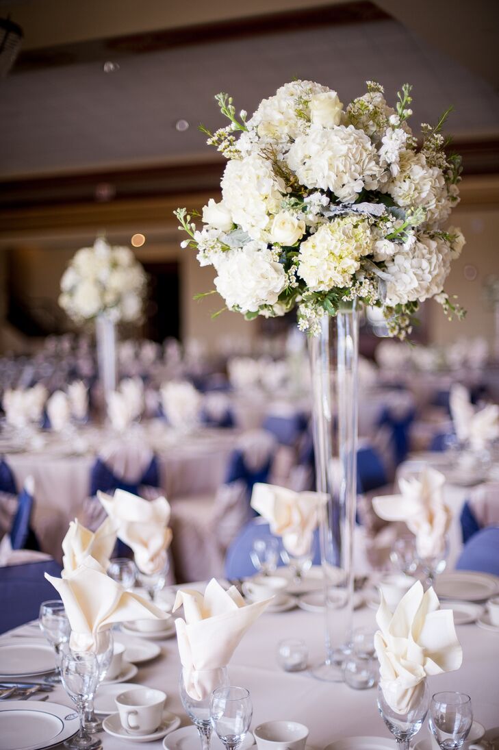 White Roses and Hydrangeas in Tall Cylinder Centerpiece