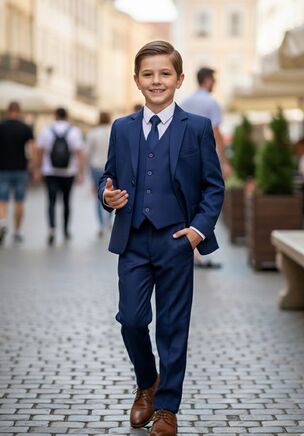 The "Mason" Indigo 5-Piece Suit Set, designed by Little Tuxedos, is part of our Essentials Collection.  At an attractive price point, the Essentials Collection is one of our best sellers!  Available in both classic fit and husky fit, the Essentials will accommodate kids of different shapes & sizes.  Kids also love to show off the interior blue abstract premium lining!  An expandable waist feature, adjustable vest, and adjustable necktie provide additional comfort for your little one.
