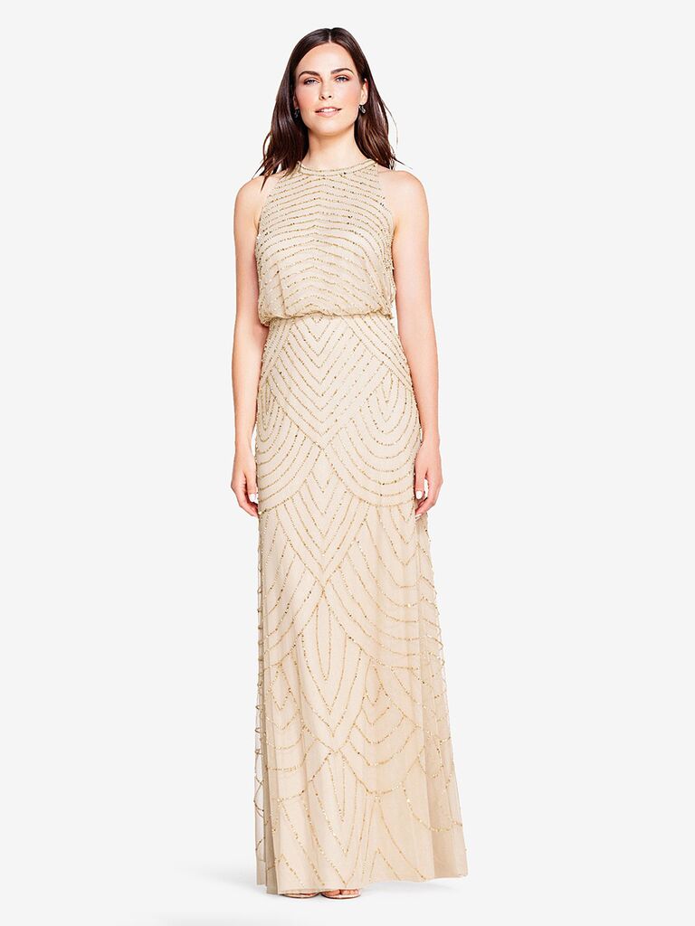 adrianna papell champagne gold beaded bridesmaid dress with halter neckline