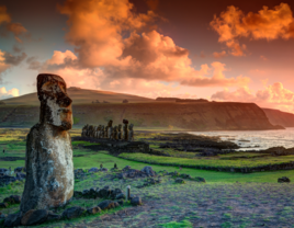 The lone moai at Tongariki with the Ahu Tongariki moai in the background on Easter Island, Chile