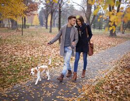 couple on a walk with dog