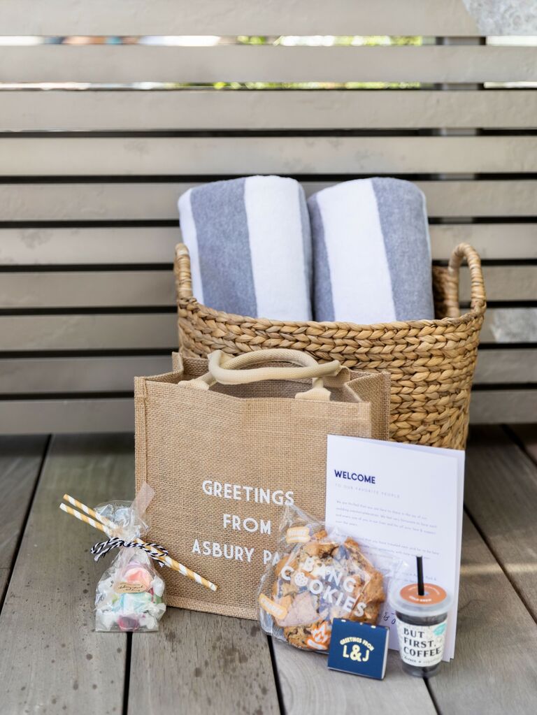 Cozy favors in a personalized wedding gift bag. 