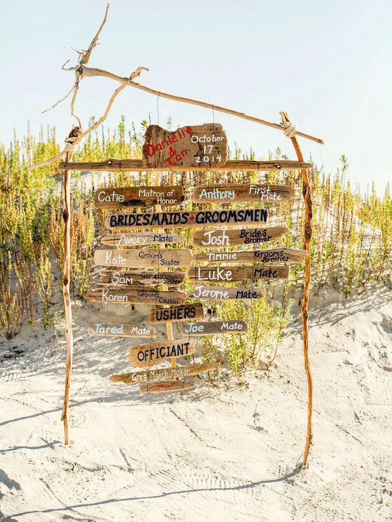 DiY wedding decor beach ceremony sign.