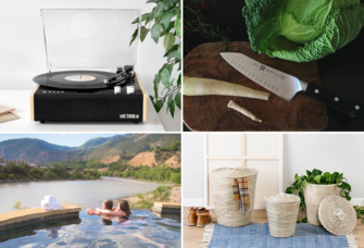 best wedding gifts under $150 including record player, knife, nesting baskets and hot springs getaway