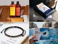 Collage of wedding gifts for brothers: leather care kit, sock subscription, Tinggly experience gift card, Morse code bracelet