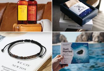 Collage of wedding gifts for brothers: leather care kit, sock subscription, Tinggly experience gift card, Morse code bracelet
