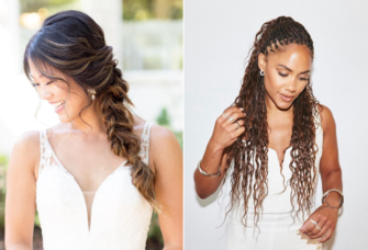 Collage of two wedding braid hairstyles