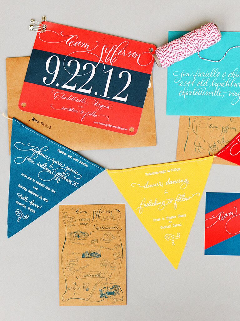 Creative wedding invitation idea printed on pennant flags