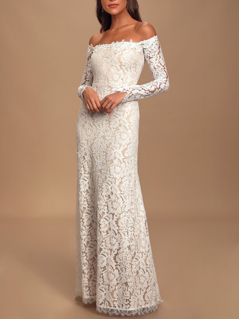 Lulus off-shoulder lace long sleeve wedding gown 