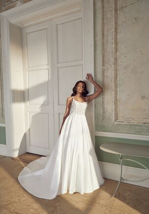 Mikado A-Line Gown with Matte Corded Lace Bodice and Side V Cut-Outs