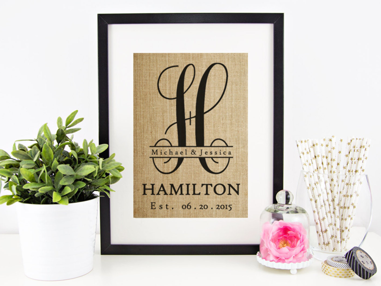 Burlap background with monogram and family name in black type in frame